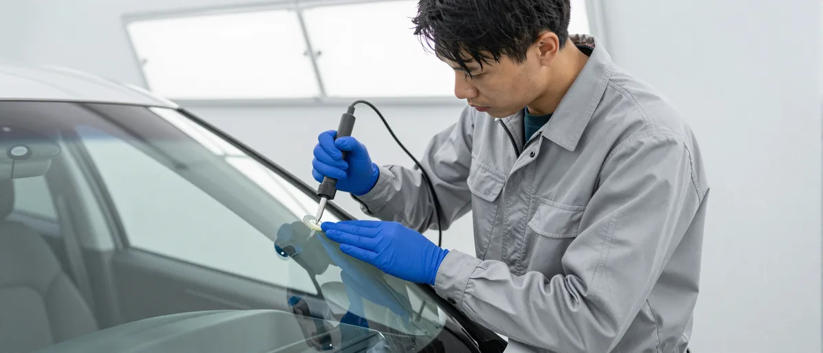 Ein Techniker repariert mit klarem Harz einen kleinen Riss in einer Autoscheibe in einer hellen Werkstatt.