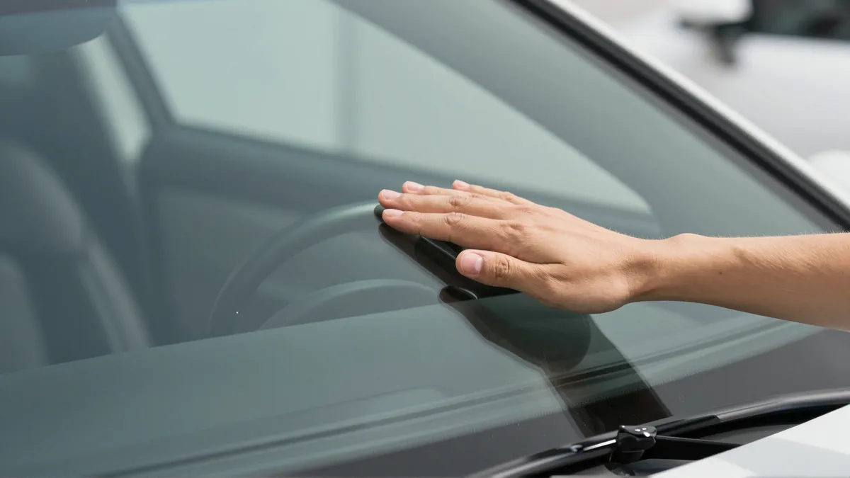Eine Hand berührt die makellose Oberfläche einer neuen Autofrontscheibe von innen im Sonnenlicht.