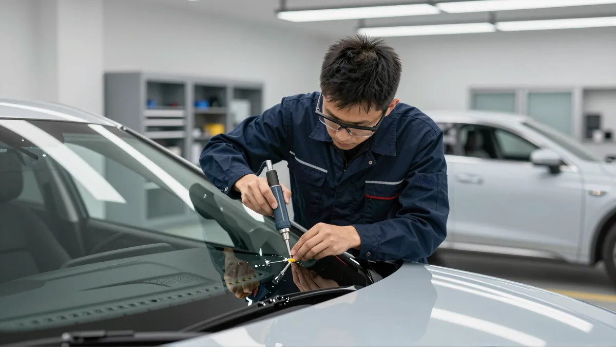 Ein Techniker in blauer Arbeitskleidung repariert präzise einen Steinschlag in einer Autoscheibe.