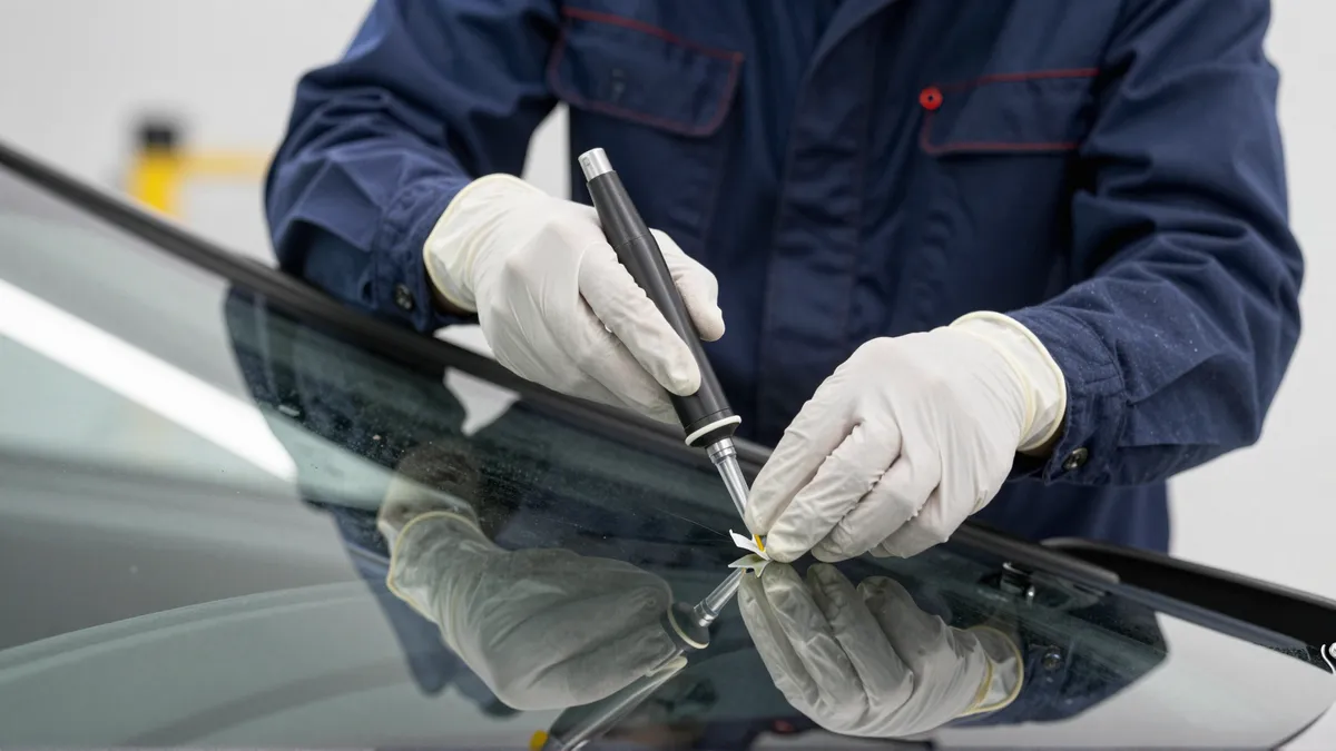 Ein Techniker in blauer Arbeitskleidung repariert mit präzisen Handgriffen einen Riss in einer Autoscheibe.