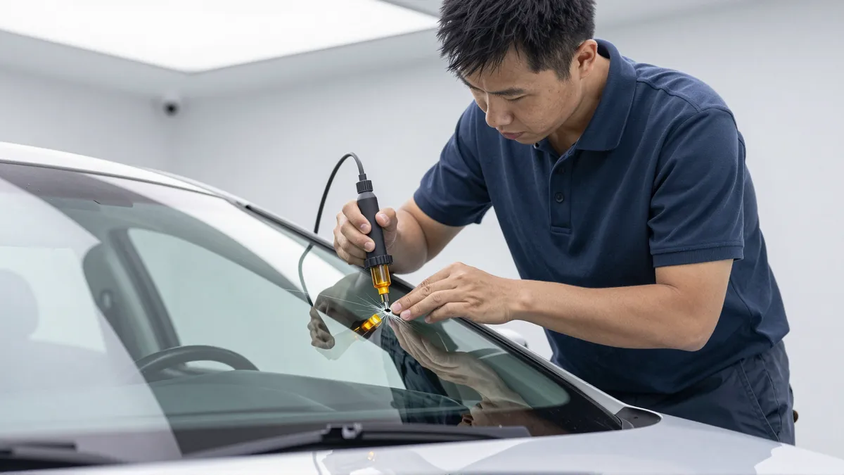 Ein Autoglastechniker repariert präzise einen kleinen Sternriss in einer Autoscheibe.