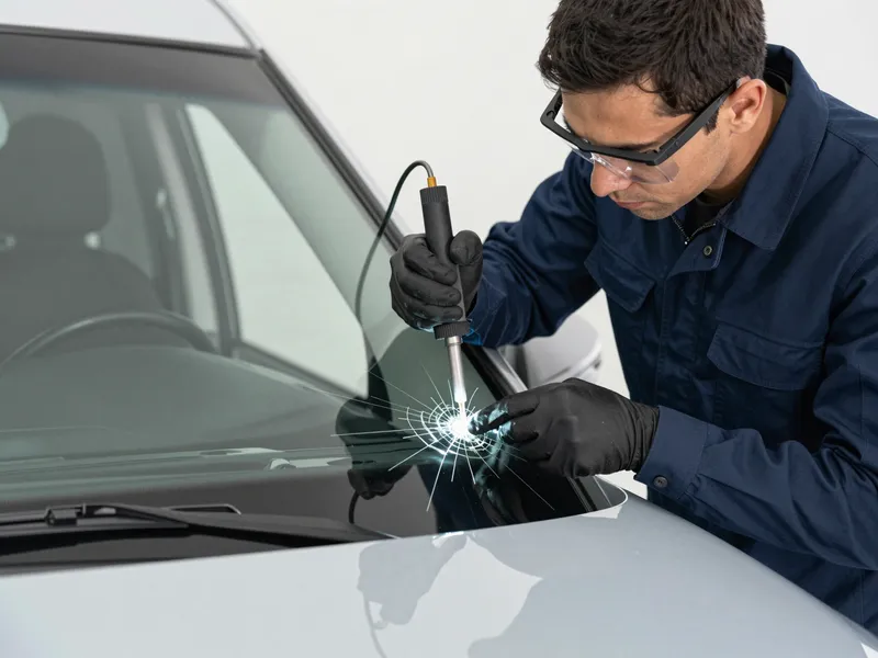 Ein Techniker repariert mit einem Spezialwerkzeug einen Sternriss in einer Autoscheibe.