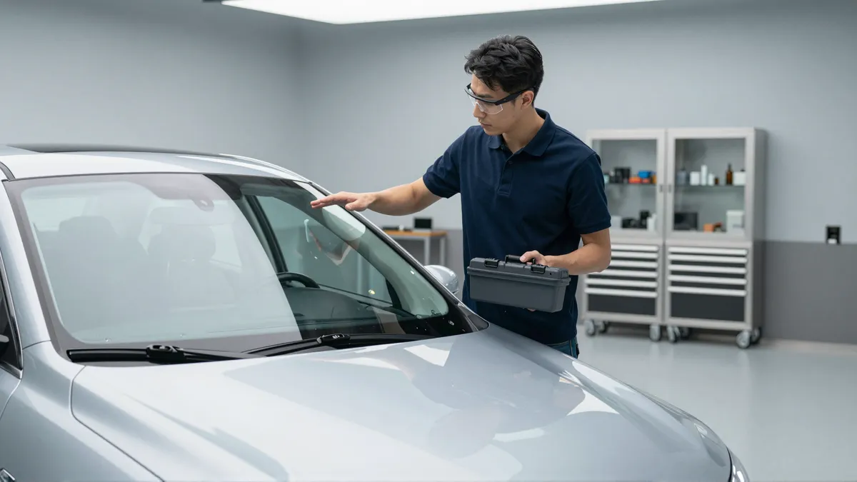 Ein Techniker erklärt an einem silbernen Auto in einer sauberen Autoglaswerkstatt eine Reparatur.