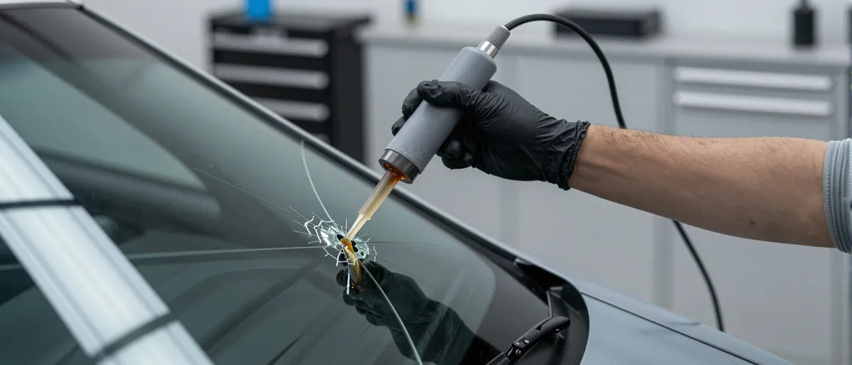 Ein Techniker repariert mit einem Injektionswerkzeug einen sternförmigen Riss in einer Autoscheibe.