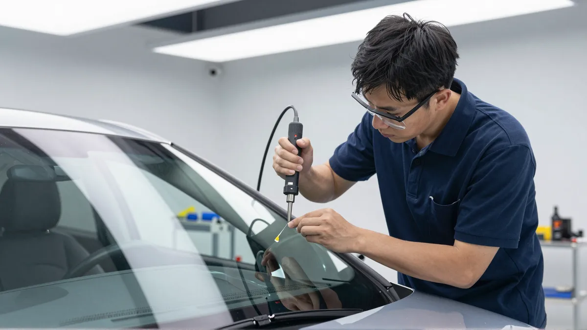 Ein Techniker repariert mit einem Spezialwerkzeug einen Steinschlag in der Windschutzscheibe eines silbernen Autos.