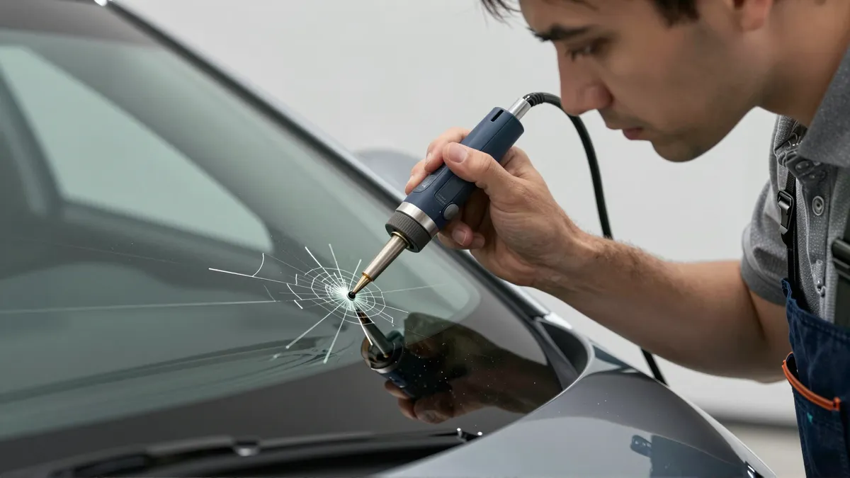 Ein Techniker repariert mit einem Spezialwerkzeug einen kleinen Riss in einer Autoscheibe.