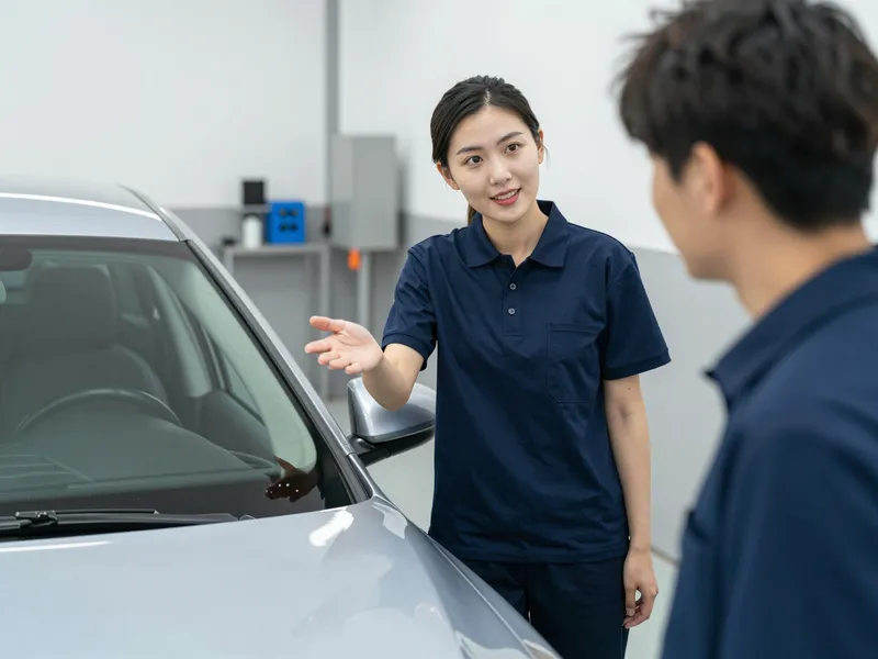 Eine Glasfachfrau erklärt einer Kundin den Austausch einer Autoscheibe in einer hellen Werkstatt.