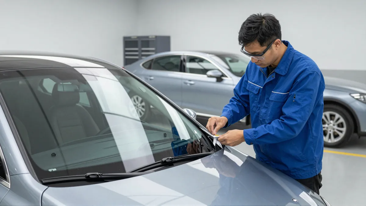 Ein Techniker in blauer Uniform setzt eine neue Windschutzscheibe in einem modernen Autowerkstatt ein.